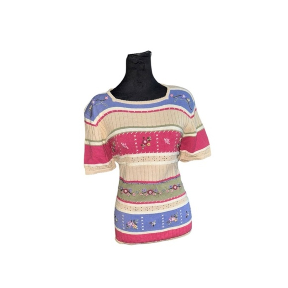 VTG  quirky grandma sweater/ t-shirt 3D floral knit multicolor block size medium